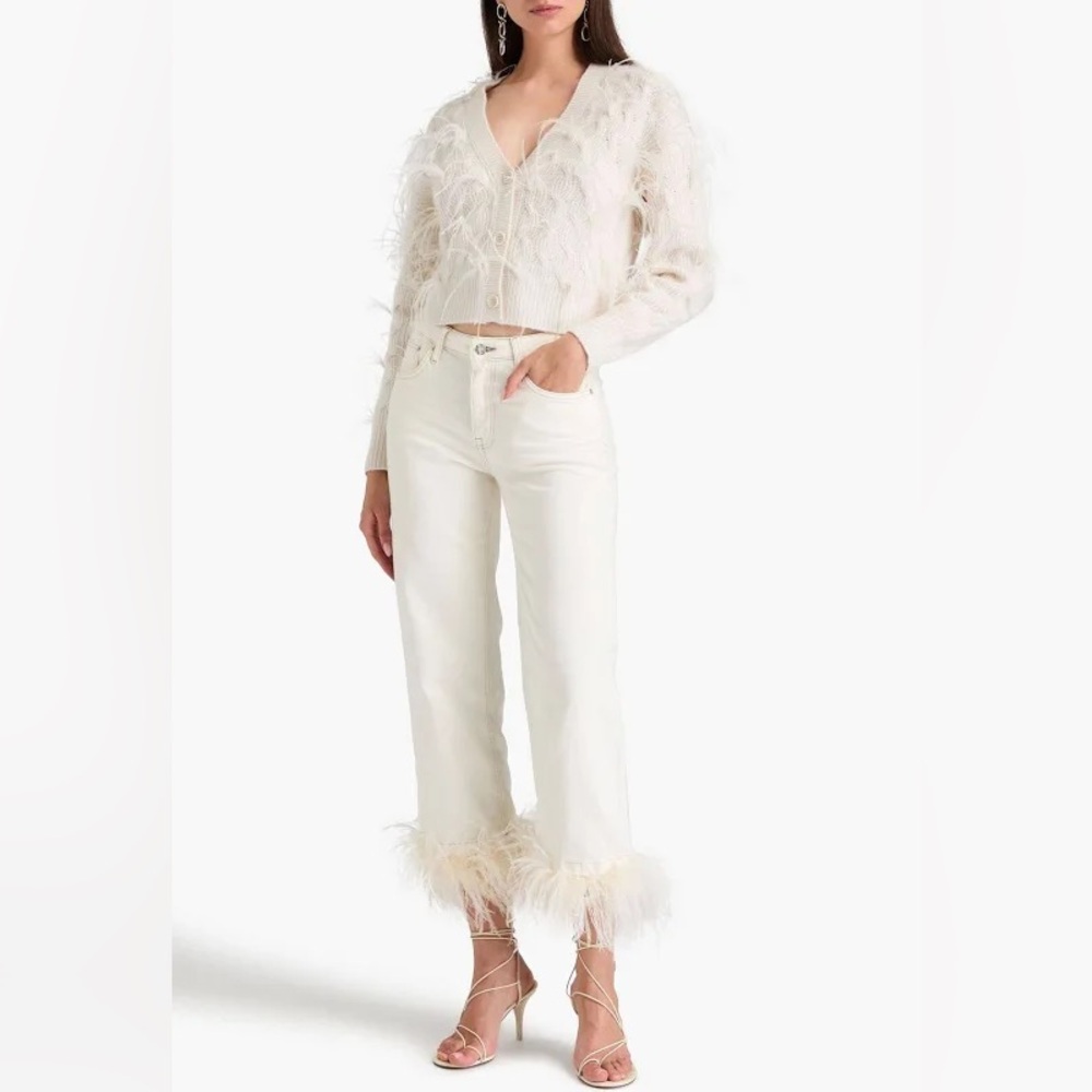 Jonathan Simkhai White Feather Trim Flare Jeans